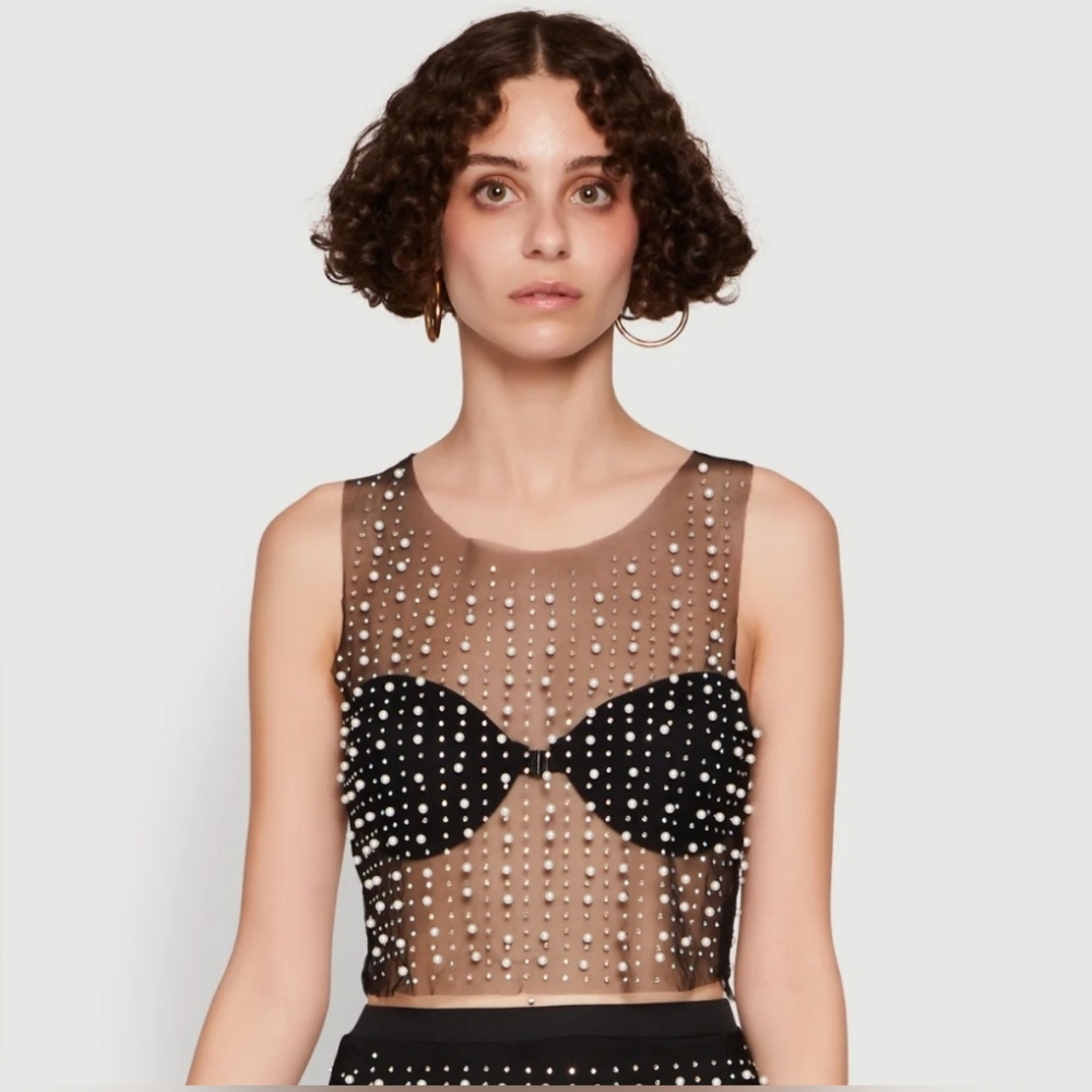 Embellished Sheer Black Crop Top - Picture 3 of 5